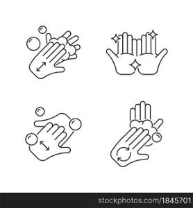 Washing hands instruction linear icons set. Rubbing palms together with soap. Cup fingers. Customizable thin line contour symbols. Isolated vector outline illustrations. Editable stroke. Washing hands instruction linear icons set