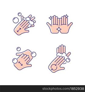 Washing hands instruction RGB color icons set. Rubbing hands together with soap. Cup fingers. Rub palms with fingers. Clean hands. Isolated vector illustrations. Simple filled line drawings collection. Washing hands instruction RGB color icons set