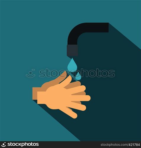 Washing hands under running water icon. Flat illustration of washing hands under running water vector icon for web isolated on baby blue background. Washing hands under running water icon, flat style