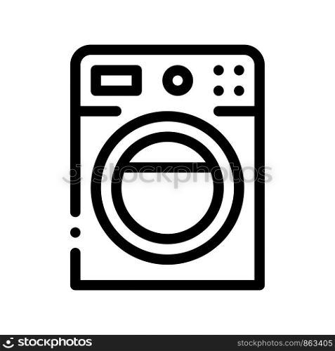 Washing House Machine Vector Sign Thin Line Icon. Laundry Clothes Washer Machine, Hotel Performance Of Service Equipment Linear Pictogram. Business Hostel Items Monochrome Contour Illustration. Washing House Machine Vector Sign Thin Line Icon
