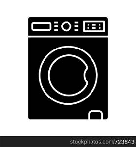 Washing machine glyph icon. Laundry machine. Washer. Household appliance. Silhouette symbol. Negative space. Vector isolated illustration. Washing machine glyph icon