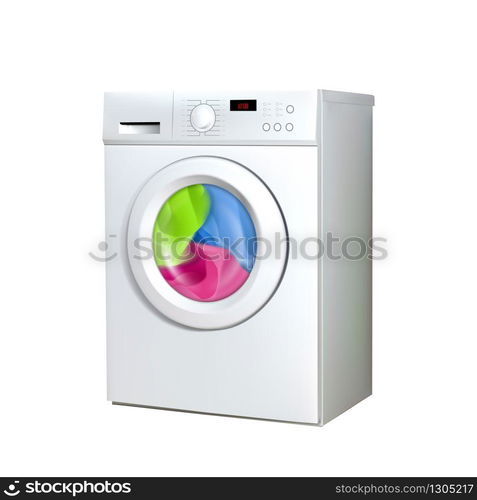 Washing Machine Household Electronic Device Vector. Laundry Service Washing Appliance. Wash And Clean Dirty Color Clothes Electrical Automatical Equipment Template Realistic 3d Illustration. Washing Machine Household Electronic Device Vector