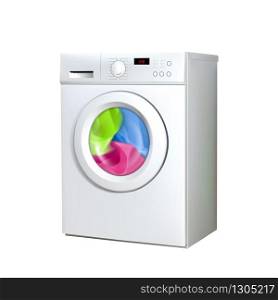 Washing Machine Household Electronic Device Vector. Laundry Service Washing Appliance. Wash And Clean Dirty Color Clothes Electrical Automatical Equipment Template Realistic 3d Illustration. Washing Machine Household Electronic Device Vector
