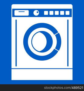 Washing machine icon white isolated on blue background vector illustration. Washing machine icon white