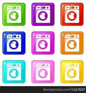 Washing machine icons set 9 color collection isolated on white for any design. Washing machine icons set 9 color collection
