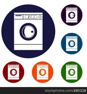 Washing machine icons set in flat circle red, blue and green color for web. Washing machine icons set