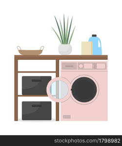 Washing machine in bathroom semi flat color vector object. Full sized item on white. Laundry routine. Washing clothes isolated modern cartoon style illustration for graphic design and animation. Washing machine in bathroom semi flat color vector object