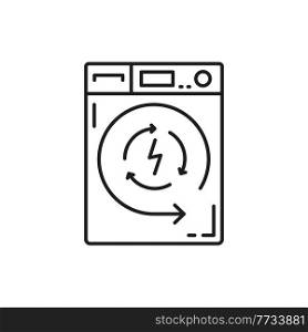Washing machine isolated electric washer thin line icon. Vector bathroom cloth washing equipment, steel washer sign. Household appliance, laundromat or cloth dryer, device for household chores. Electric washing or drying machine isolated washer