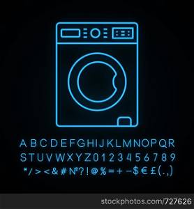 Washing machine neon light icon. Laundry machine. Washer. Household appliance. Glowing sign with alphabet, numbers and symbols. Vector isolated illustration. Washing machine neon light icon