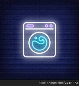 Washing machine neon sign. Laundry service and housework concept. Advertisement design. Night bright neon sign, colorful billboard, light banner. Vector illustration in neon style.