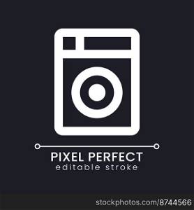 Washing machine pixel perfect white linear ui icon for dark theme. Hotel laundry service. Vector line pictogram. Isolated user interface symbol for night mode. Editable stroke. Poppins font used. Washing machine pixel perfect white linear ui icon for dark theme