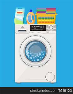Washing machine Plastic basket with bright towels. Powder and cleanser. Vector illustration in flat style. Washing machine icon