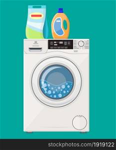 Washing machine Powder and cleanser. Vector illustration in flat style. Washing machine icon