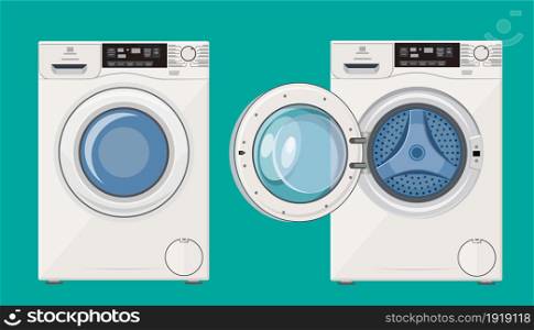 Washing machine with open and closed door icon. Vector illustration in flat style. Washing machine with open and closed door
