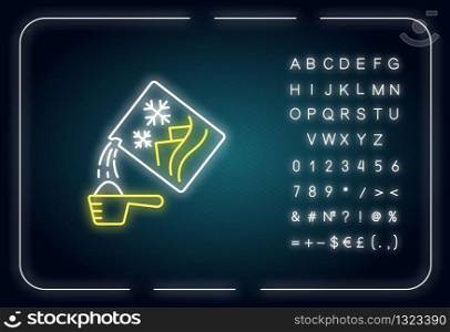 Washing powder neon light icon. Cleaning product package, laundry detergent, dry linen bleach. Outer glowing effect. Sign with alphabet, numbers and symbols. Vector isolated RGB color illustration