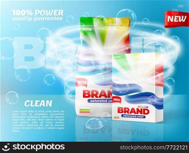 Washing powder packaging with soap bubbles and water whirl. Washing detergent paper bop and plastic bag packs with brand color labels realistic vector mock-up, new household product promo banner. Washing powder packaging banner with soap bubbles