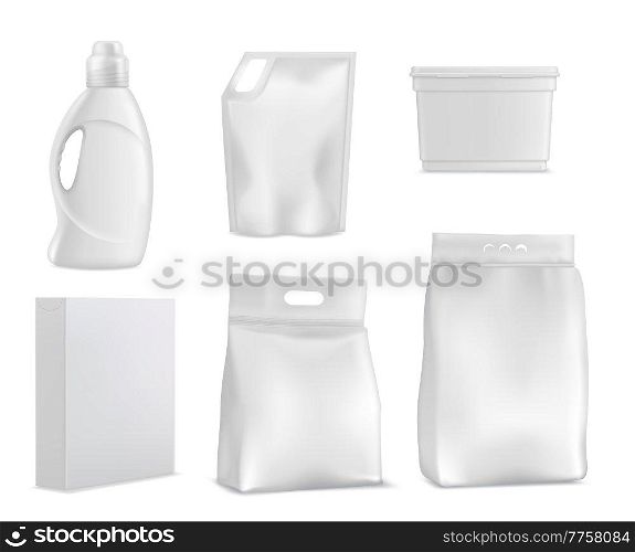 Washing powder packs and bags, laundry detergent package mockup. Vector bottle, doypack and carton isolated box. 3d blank household chemicals containers. Realistic white plastic cleaning packaging set. Washing powder packs and bags, laundry detergent