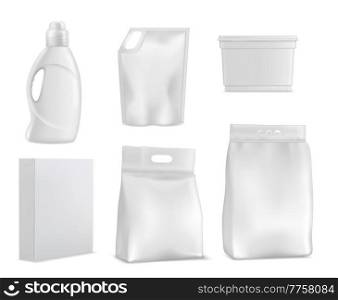 Washing powder packs and bags, laundry detergent package mockup. Vector bottle, doypack and carton isolated box. 3d blank household chemicals containers. Realistic white plastic cleaning packaging set. Washing powder packs and bags, laundry detergent