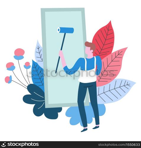 Washing windows cleaning service isolated abstract icon vector man with brush household and housekeeping cleanliness and hygiene maintenance plant leaves glass polishing washer or cleaner housework. Cleaning service washing windows isolated abstract icon