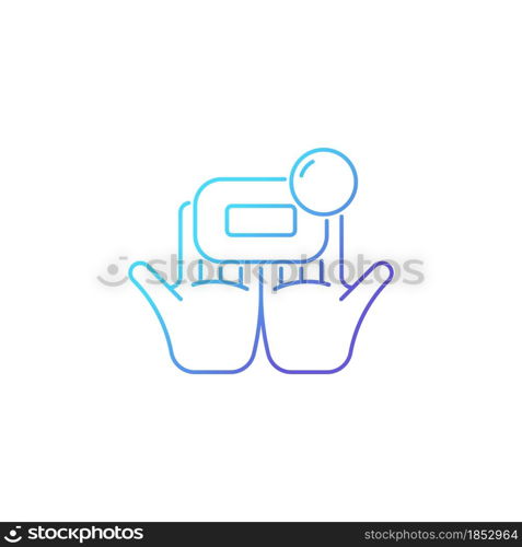 Washing with brick soap gradient linear vector icon. Effectiveness against bacteria. Getting hands clean, germs-free. Thin line color symbol. Modern style pictogram. Vector isolated outline drawing. Washing with brick soap gradient linear vector icon