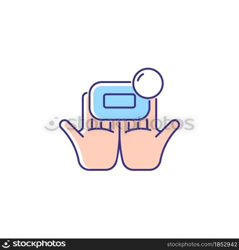Washing with brick soap RGB color icon. Effectiveness against bacteria. Wetting bar soap with water. Getting hands clean and germs-free. Isolated vector illustration. Simple filled line drawing. Washing with brick soap RGB color icon