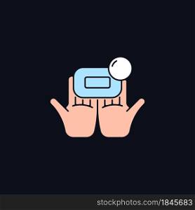 Washing with brick soap RGB color icon for dark theme. Getting hands clean, germs-free. Wetting bar soap. Isolated vector illustration on night mode background. Simple filled line drawing on black. Washing with brick soap RGB color icon for dark theme