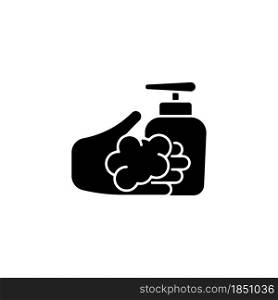 Washing with liquid soap black glyph icon. Minimizing germs transfer risk. Keeping hands smooth and moisturized. Antimicrobial cleanser. Silhouette symbol on white space. Vector isolated illustration. Washing with liquid soap black glyph icon