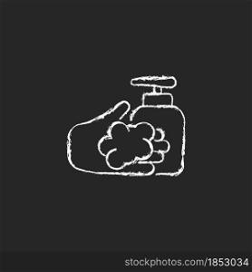 Washing with liquid soap chalk white icon on dark background. Minimizing germs transfer risk. Keep hands smooth, moisturized. Antimicrobial cleanser. Isolated vector chalkboard illustration on black. Washing with liquid soap chalk white icon on dark background