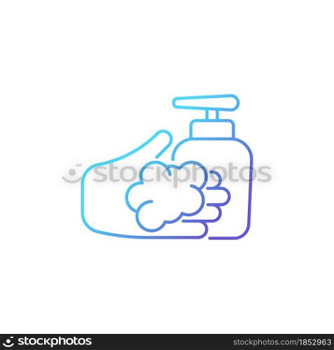Washing with liquid soap gradient linear vector icon. Minimizing germs transfer risk. Antimicrobial skin cleanser. Thin line color symbol. Modern style pictogram. Vector isolated outline drawing. Washing with liquid soap gradient linear vector icon