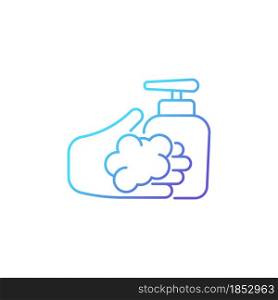 Washing with liquid soap gradient linear vector icon. Minimizing germs transfer risk. Antimicrobial skin cleanser. Thin line color symbol. Modern style pictogram. Vector isolated outline drawing. Washing with liquid soap gradient linear vector icon