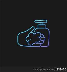 Washing with liquid soap gradient vector icon for dark theme. Minimizing germs transfer risk. Antimicrobial cleanser. Thin line color symbol. Modern style pictogram. Vector isolated outline drawing. Washing with liquid soap gradient vector icon for dark theme