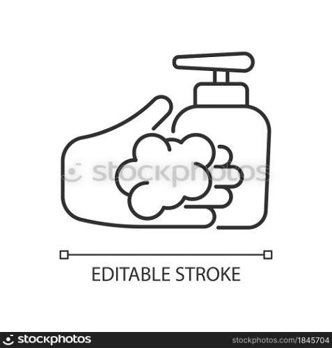 Washing with liquid soap linear icon. Minimizing germs transfer risk. Antimicrobial cleanser. Thin line customizable illustration. Contour symbol. Vector isolated outline drawing. Editable stroke. Washing with liquid soap linear icon
