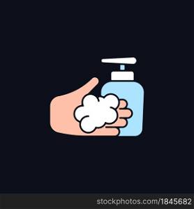 Washing with liquid soap RGB color icon for dark theme. Minimize germs transfer risk. Antimicrobial cleanser. Isolated vector illustration on night mode background. Simple filled line drawing on black. Washing with liquid soap RGB color icon for dark theme