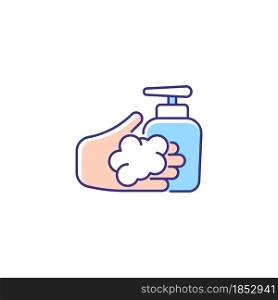 Washing with liquid soap RGB color icon. Minimizing germs transfer risk. Keeping hands smooth and moisturized. Antimicrobial skin cleanser. Isolated vector illustration. Simple filled line drawing. Washing with liquid soap RGB color icon