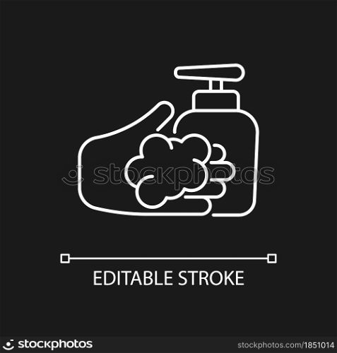 Washing with liquid soap white linear icon for dark theme. Minimizing germs transfer risk. Thin line customizable illustration. Isolated vector contour symbol for night mode. Editable stroke. Washing with liquid soap white linear icon for dark theme
