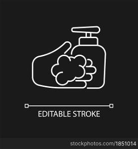 Washing with liquid soap white linear icon for dark theme. Minimizing germs transfer risk. Thin line customizable illustration. Isolated vector contour symbol for night mode. Editable stroke. Washing with liquid soap white linear icon for dark theme