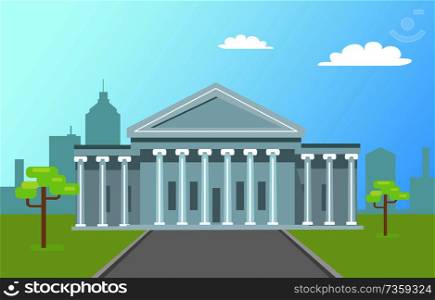 Washington capitol with tall columns with green grass and road on background of city. Old world famous architectural attraction constructed of marble vector. Washington Capitol Tall Columns Road Green Grass