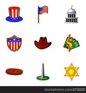 Washington city icons set. Cartoon set of 9 Washington city vector icons for web isolated on white background. Washington city icons set, cartoon style