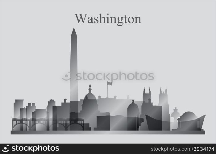 Washington city skyline silhouette in grayscale, vector illustration