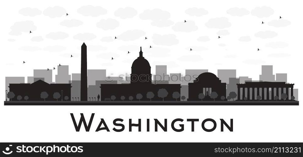 Washington dc city skyline black and white silhouette. Vector illustration. Simple flat concept for tourism presentation, banner, placard or web site. Business travel concept. Cityscape with famous landmarks