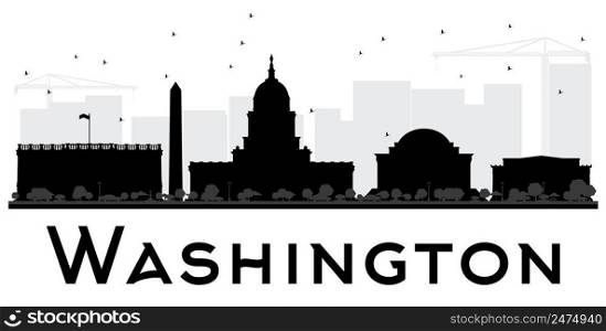 Washington DC City skyline black and white silhouette. Vector illustration. Simple flat concept for tourism presentation, banner, placard or web site. Business travel concept. Cityscape with landmarks