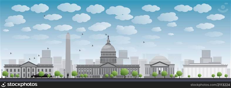 Washington DC city skyline. Vector illustration with cloud and blue sky