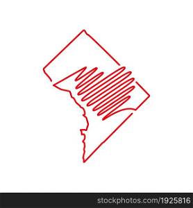 Washington DC, District of Columbia red outline map with the handwritten heart shape. Continuous line drawing. A love for a small homeland. T-shirt print idea. Vector illustration.. Washington DC, District of Columbia red outline map with the handwritten heart shape. Vector illustration