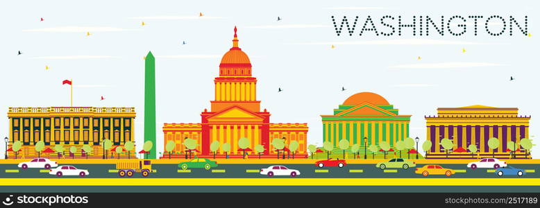 Washington DC Skyline with Color Buildings and Blue Sky. Vector Illustration. Business Travel and Tourism Concept with Historic Architecture. Image for Presentation Banner Placard and Web Site.