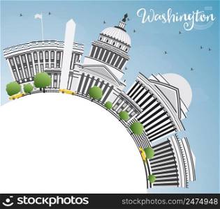 Washington DC Skyline with Gray Buildings and Copy Space. Vector Illustration. Business Travel and Tourism Concept with Historic Architecture. Image for Presentation Banner Placard and Web Site.