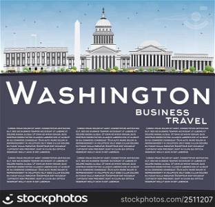 Washington DC Skyline with Gray Buildings and Copy Space. Vector Illustration. Business Travel and Tourism Concept with Historic Buildings. Image for Presentation Banner Placard and Web Site.