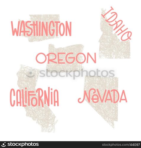Washington, Idaho, Oregon, California, Nevada USA state outline art with custom lettering for prints and crafts. United states of America wall art of individual states