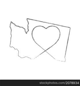 Washington US state hand drawn pencil sketch outline map with heart shape. Continuous line drawing of patriotic home sign. A love for a small homeland. T-shirt print idea. Vector illustration.. Washington US state hand drawn pencil sketch outline map with the handwritten heart shape. Vector illustration