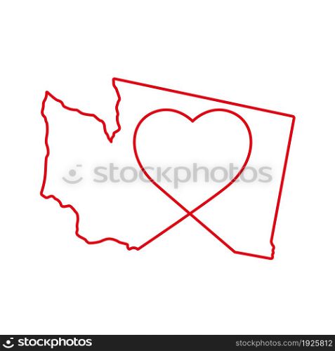 Washington US state red outline map with the handwritten heart shape. Continuous line drawing of patriotic home sign. A love for a small homeland. T-shirt print idea. Vector illustration.. Washington US state red outline map with the handwritten heart shape. Vector illustration