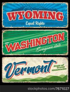 Washington, Vermont and Wyoming USA state vintage signs. Vector travel and tourism banners with American evergreen, equality and green mountain states, retro postcard with grunge effects. Washington, Vermont and Wyoming USA state signs